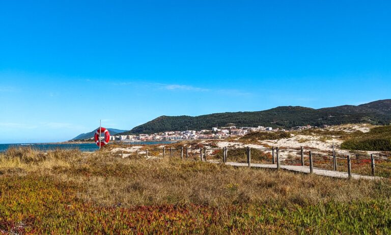 Boardwalk and beach on the Camino Portuguese coastal route
