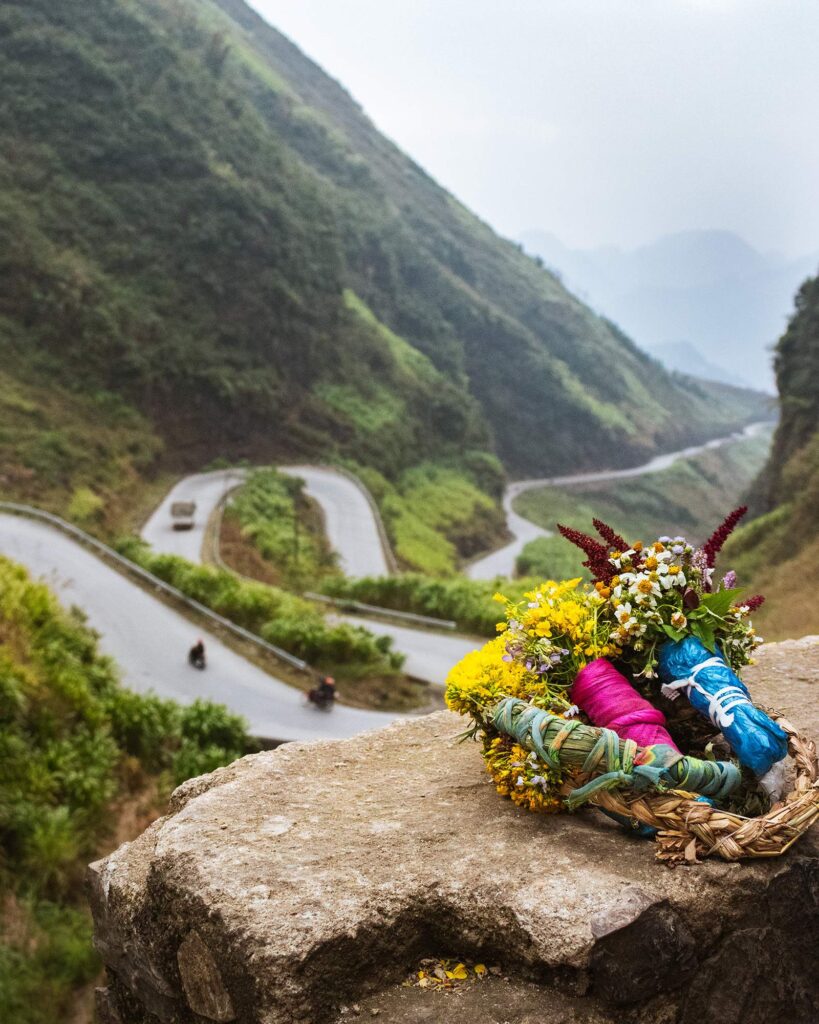 Bundles of flowers in front of a winding road on the Ha Giang Loop
