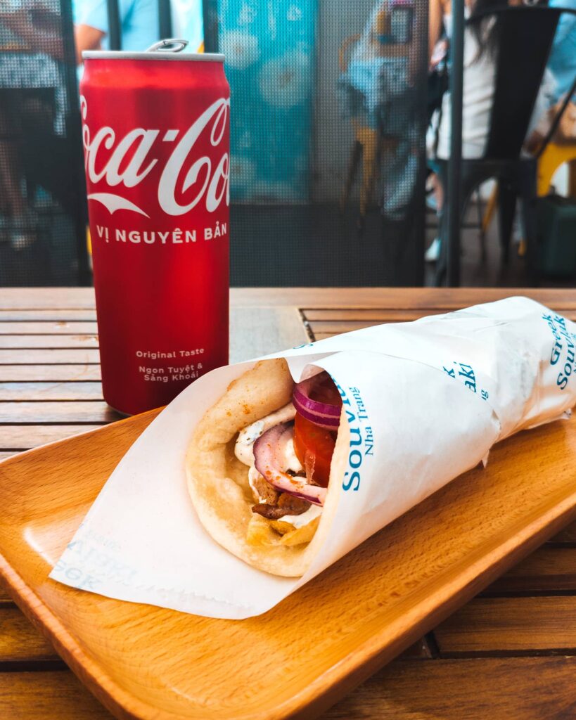 Chicken gyro and a can of Coke at Greek Souvlaki Nha Trang restaurant